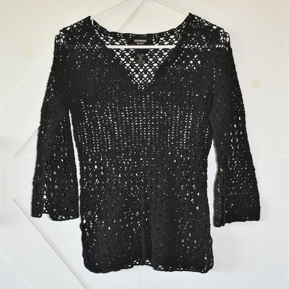 Express Sweaters - Vintage Y2K Express open handknit 3Q flare sleeve split hem & cuff v neck black